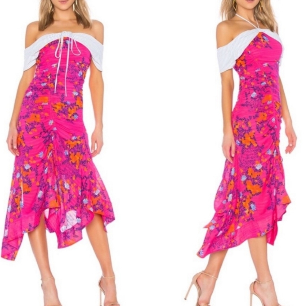 Tanya Taylor Pink Asymmetrical Ruffled Midi Dress